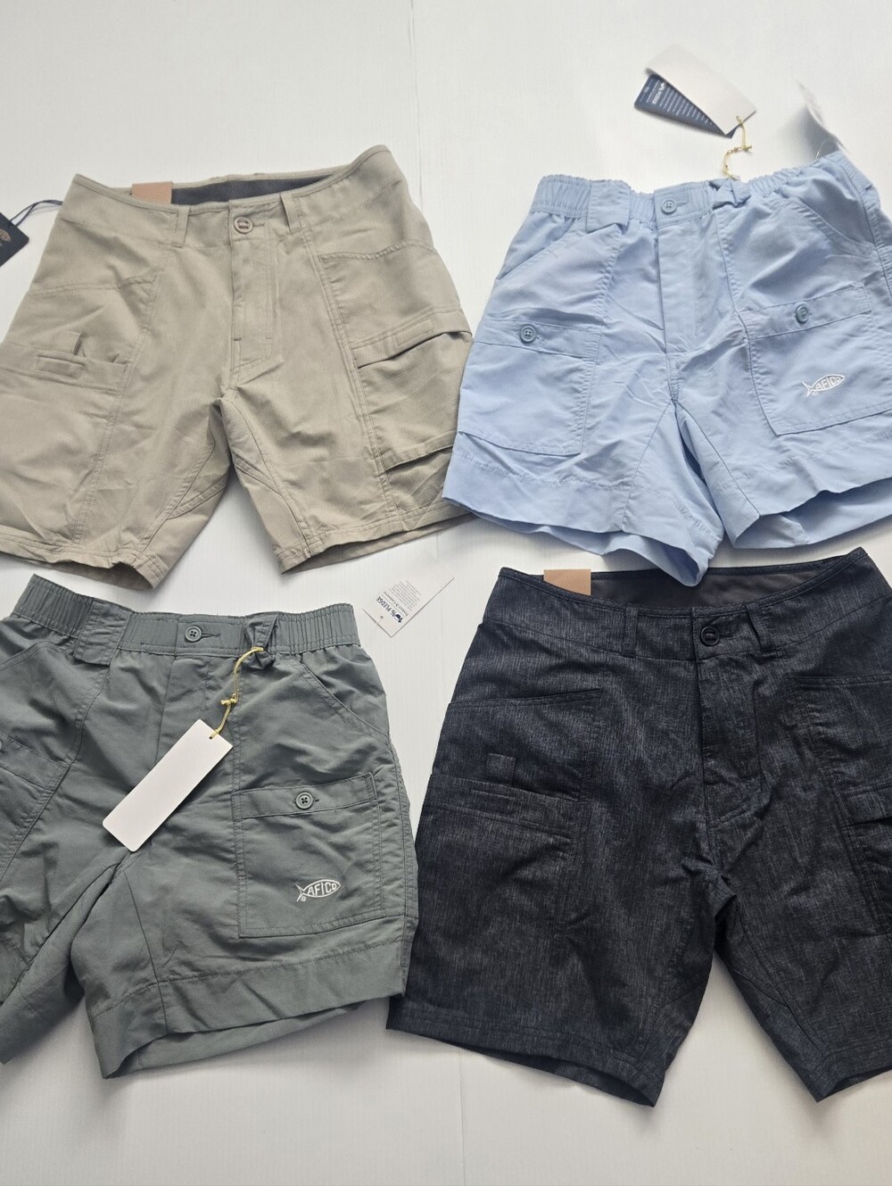 Size 28 Aftco Fishing Cargo Shorts - Beige, Light Blue, Gray, Black